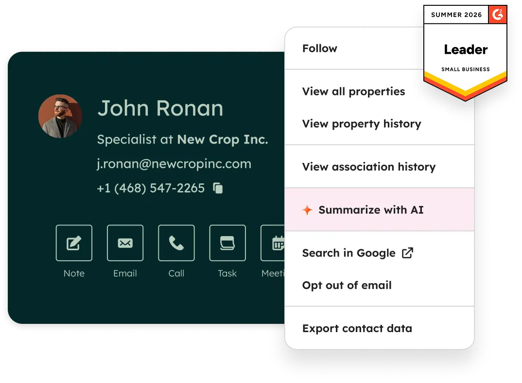 HubSpot Smart CRM contact record with activity menu